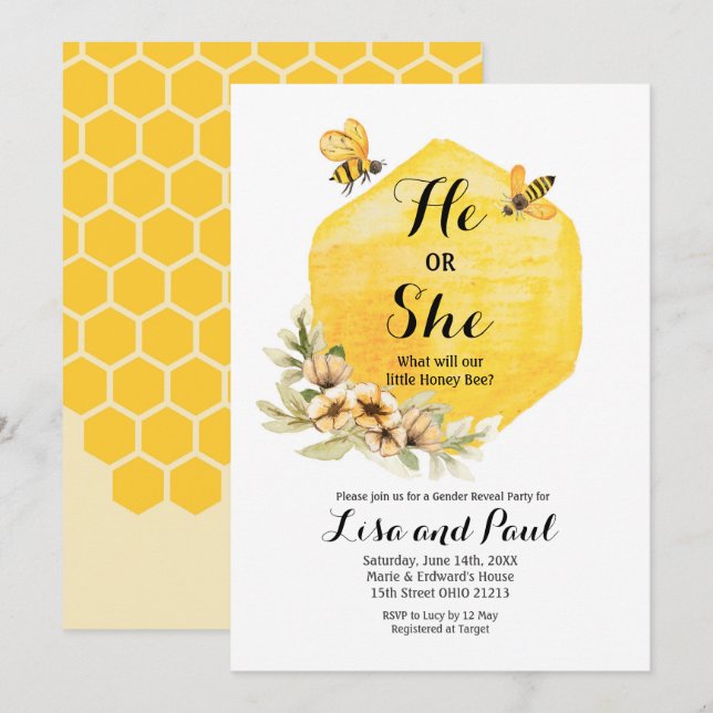 Bee Happy Botanical Gender Reveal Einladung (Vorne/Hinten)