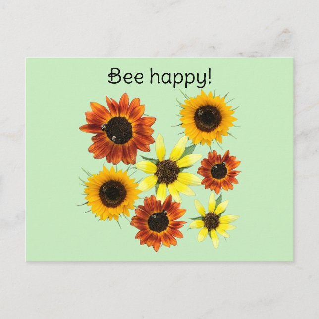 Bee Happy Honey Bees Genießen Sonnenblumen Postkar Postkarte (Vorderseite)