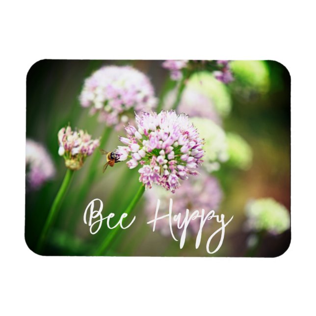 Bee Happy mit Lila Diagonal Allium Blume Magnet (Horizontal)