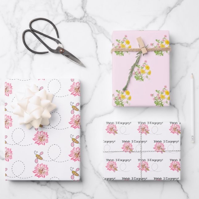 Bee Happy Pink Wildblume Geschenkpapier Set (Vorderseite)