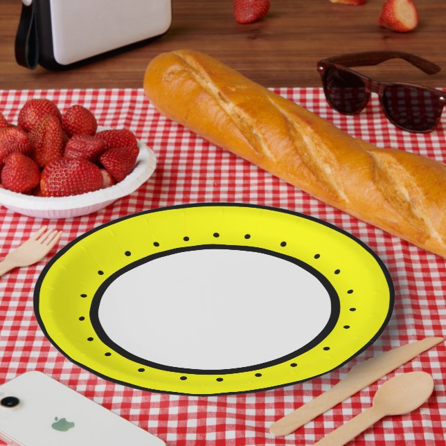 Bee Happy Yellow Black Polka Dots Pappteller (Picknick)