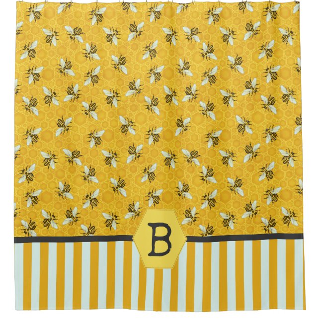 Bee Honeycomb Honeybee Beehive Bumblebee Monogram Duschvorhang (Vorderseite)