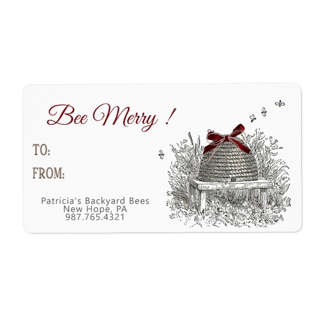 Bee Joyeux Miel Étiquette cadeau Red Bow Skep Noël (Devant)