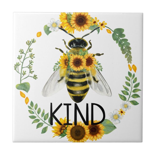 Bee Kind bemalte Sonnenblumen Kindness Keramik Til Fliese (Vorderseite)