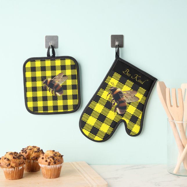 "Bee Kind"  Gingham Ofenhandschuh & Topflappen-Set (Insitu (Hängend))