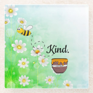 Bee Kind Honey Blumeninsekt Cartoon Glasuntersetzer