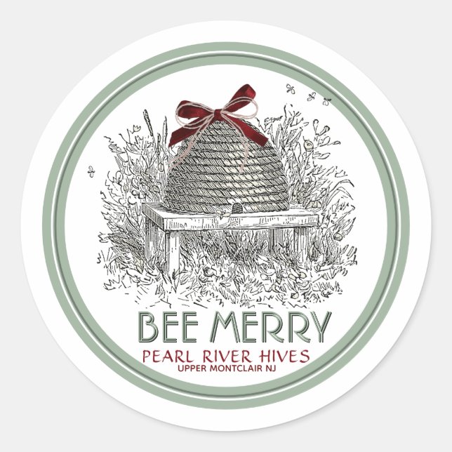 Bee Merry Holiday Sticker Skep mit Red Bow (Vorderseite)