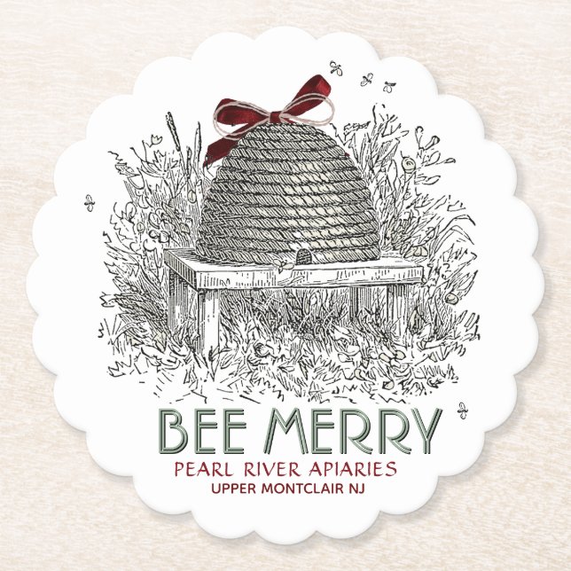 Bee Merry Holiday Untersetzer mit Skep und Red Bow (Vorderseite)