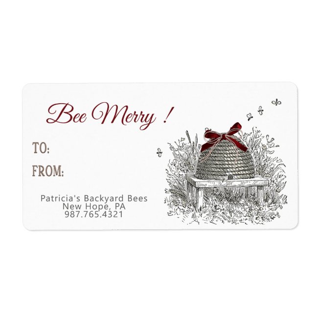Bee Merry Honey Geschenk Label Red Bow Skep Weihna (Vorne)
