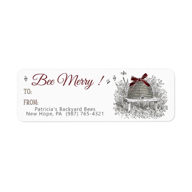 Bee Merry Honey Geschenk Label Red Bow Skep Weihna (Vorne)