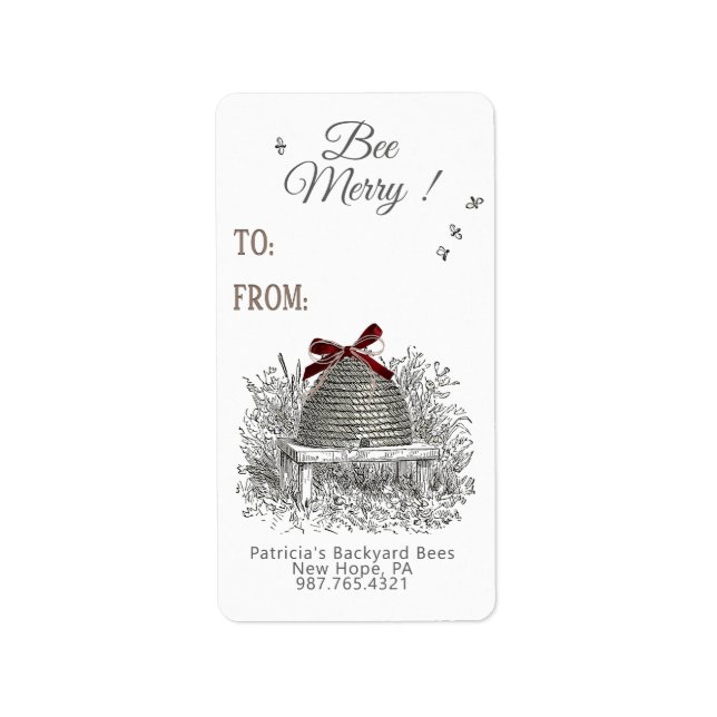 Bee Merry Honey Gift Label Red Bow auf Skep Adressaufkleber (Vorne)
