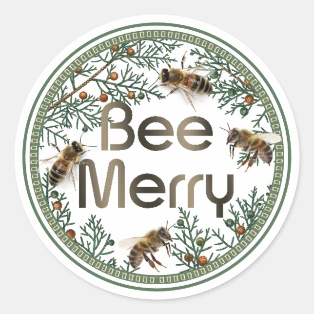 Bee Merry Honeybee Weihnachtssticker Runder Aufkleber (Vorderseite)