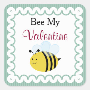 Bee My Valentine, Süße Biene, Grüne Streifen Quadratischer Aufkleber