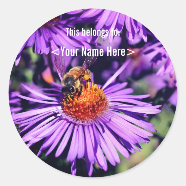 Bee On Lila Aster Blume Personalisiert ID Runder Aufkleber (Vorderseite)