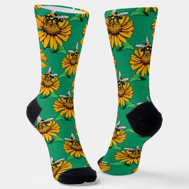 Bee on Sunflower Flower Pattern Design Green  Socken (Gewinkelt)