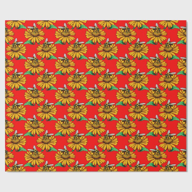 Bee on Sunflower Flower Pattern Design Red  Geschenkpapier (Flach)