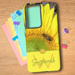 Bee On Sunflower Initial Letter Monogram  Samsung Galaxy Hülle<br><div class="desc">This design features a close-up photograph of a bee on a quarter of a Sunflower with an initial letter monogram and name. Personalize the text in the template fields, remove the text or edit using the design tool to select a font in the style, size, and color you prefer. You...</div>