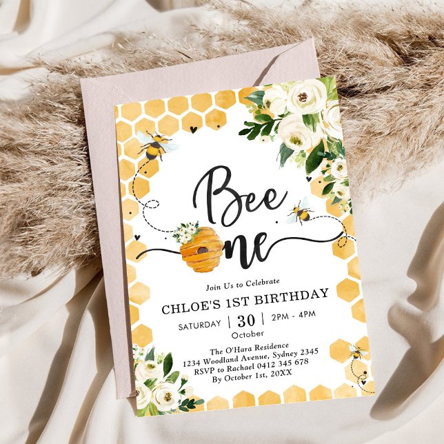 Bee One Honey Bee Floral 1st Birthday Invitation Einladung (Von Creator hochgeladen)