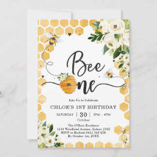 Bee One Honey Bee Floral 1st Birthday Invitation Einladung