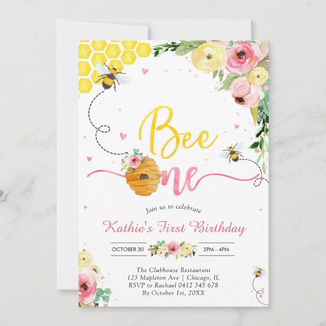 Bee One Honey Bee Girl 1st Birthday Invitation Einladung (Vorderseite)