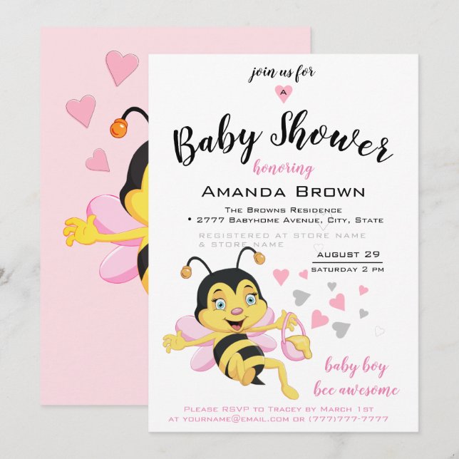 Bee Phantastisch Baby Girl Dusche | Einladung (Vorne/Hinten)