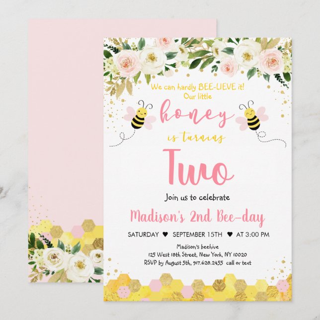 Bee Pink Gold Floral Girl Second Einladung (Vorne/Hinten)