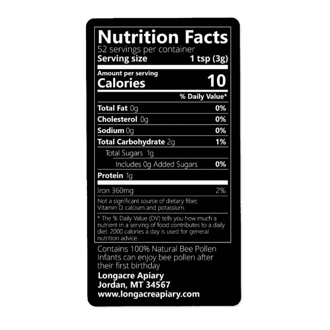 Bee Pollen Nutrition Fakten Schwarzes Produkt (Vorne)