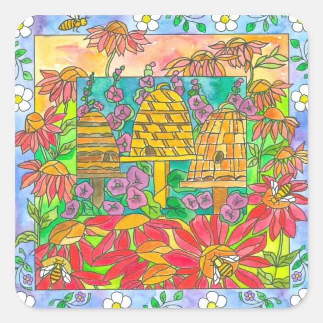 Bee Skep Red Garden Blume Quadratischer Aufkleber (Vorderseite)