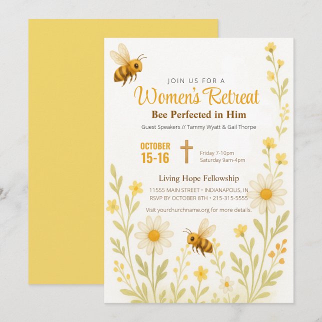 Bee Theme Gold Floral Women's Church Retreat Einladung (Vorne/Hinten)