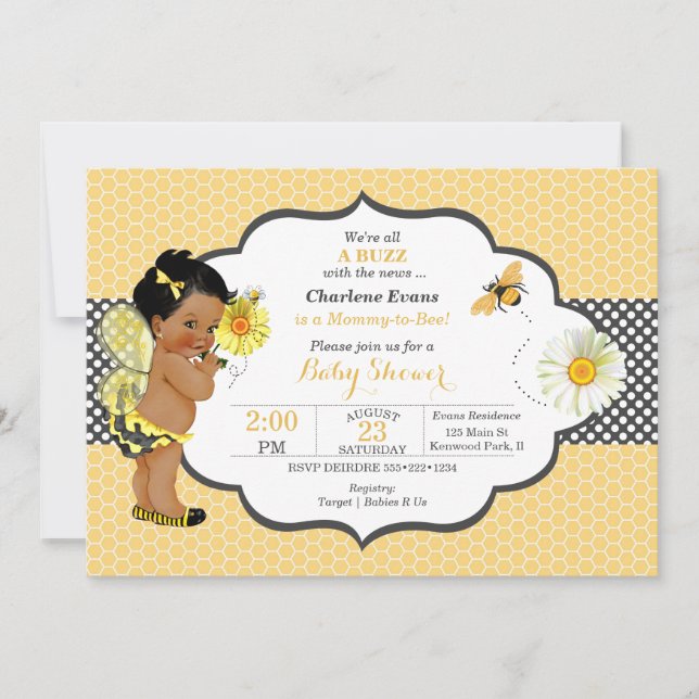 Bee Theme Yellow Dot Baby Girl Einladung (Vorderseite)