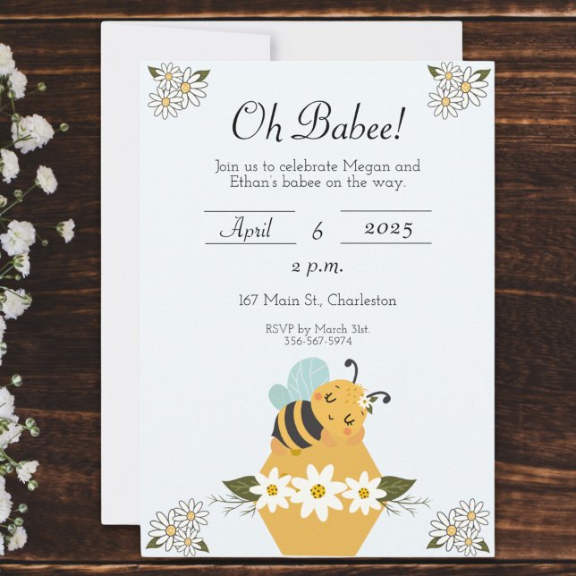 Bee Themed Baby Dusche Einladung (Cute Editable Bee Themed Baby Shower Invitation with a sweet bee and daisy design.)