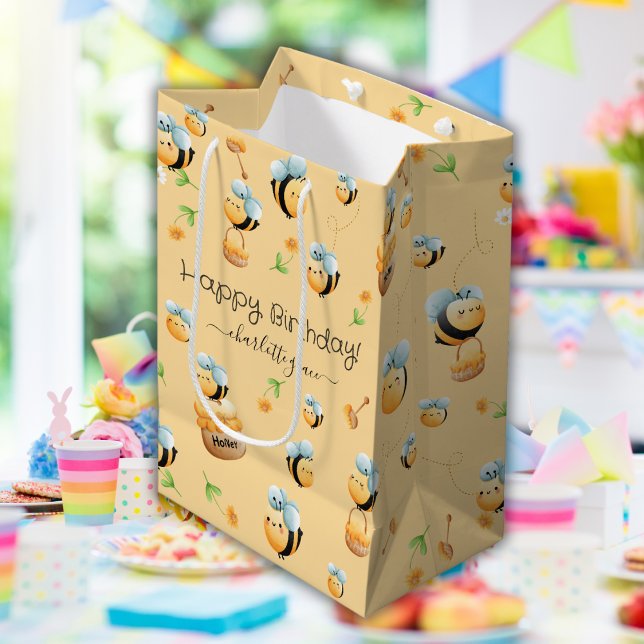 Bee-Themed Party Happy Birthday Individuelle Name Mittlere Geschenktüte (Von Creator hochgeladen)