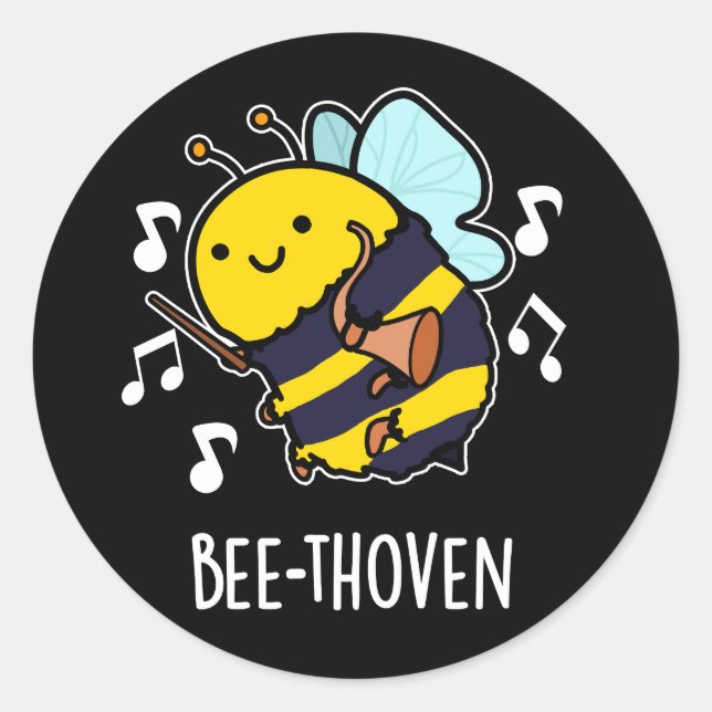 Bee-thoven Funny Music Bee Pun Dark BG Runder Aufkleber (Vorderseite)