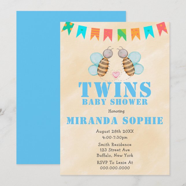 Bee Twins Watercolor Baby Shower Einladungen (Vorne/Hinten)