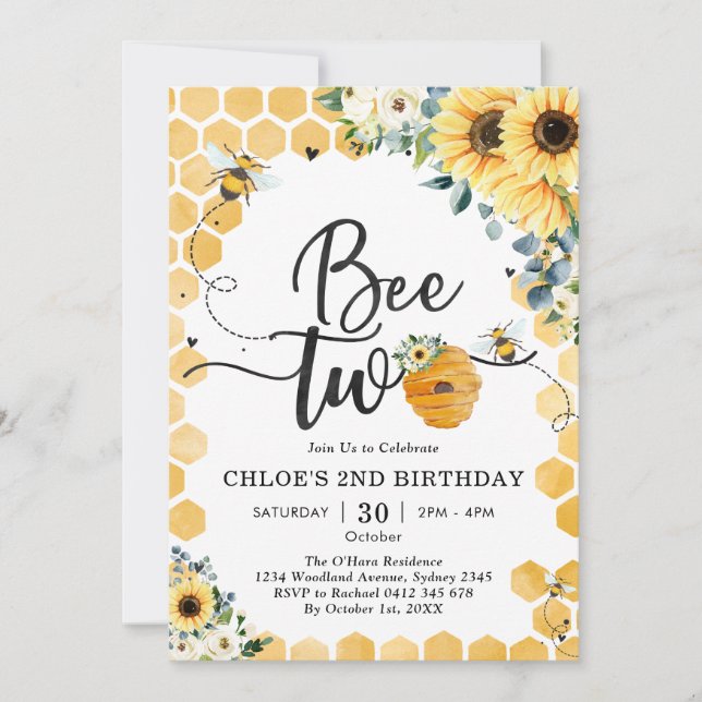 Bee Two Honey Bee 2nd Birthday Invitation (Devant)