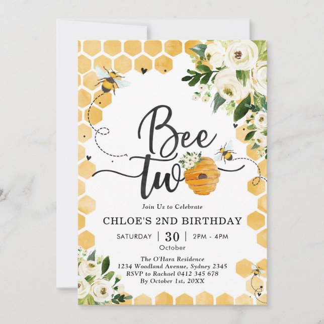 Bee Two Honey Bee 2nd Birthday Invitation Einladung (Vorderseite)