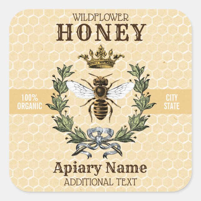 Bee Wreath and Crown Honey Jar 3 SQUARE Quadratischer Aufkleber (Vorderseite)