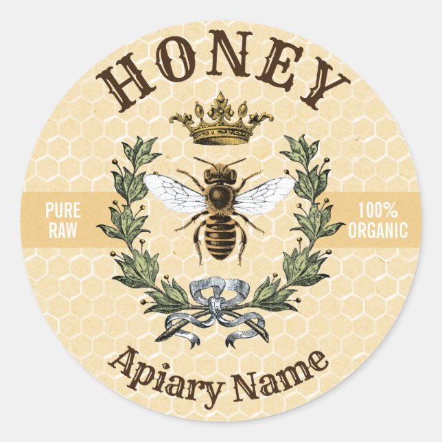 Bee Wreath und Crown Honey Jar Runder Aufkleber (Vorderseite)