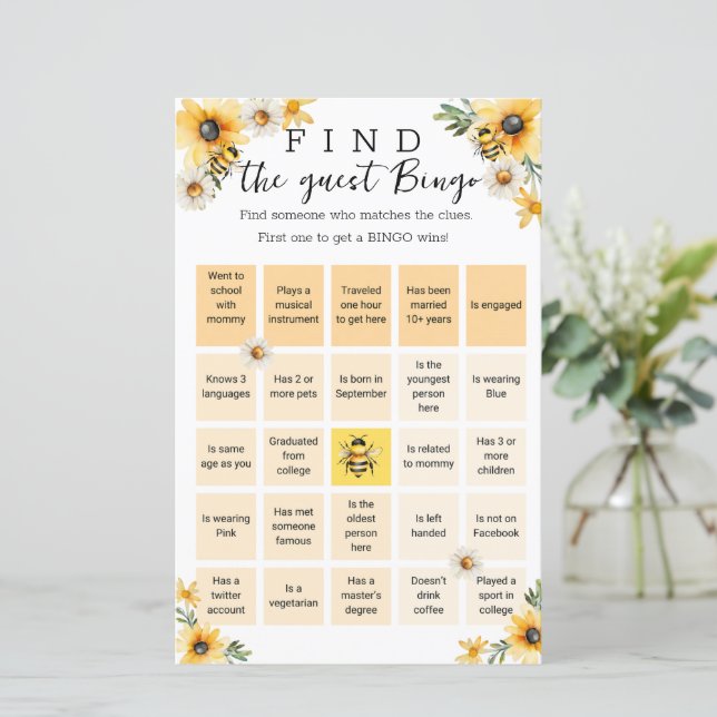 Bee Yellow flowers Baby Shower Bingo Game (Stehend Vorderseite)