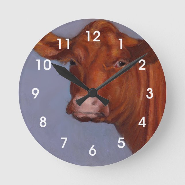 Beef Cow, Oil Pastel Painting, Red Cow Runde Wanduhr (Vorderseite)