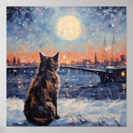 Beeindruckende Katze mit Blick auf das Wasser im W Poster
