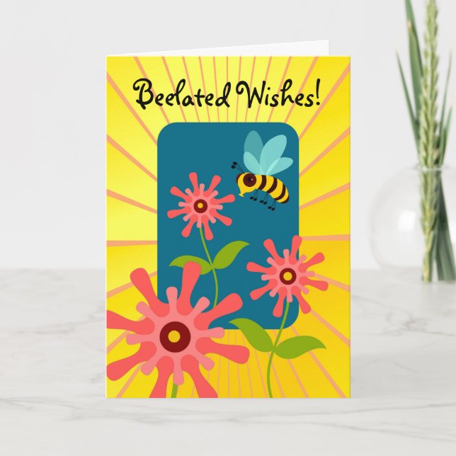 Beelated Birthday Wünsche mit Bienen und Blume Karte (Vorderseite)