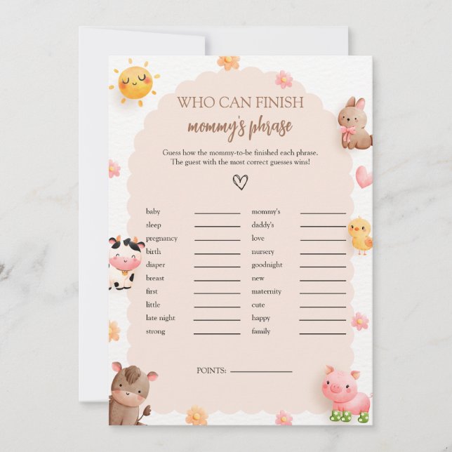 Beenden Sie Mommys Phrase Baby Shower Game Card Einladung (Vorderseite)
