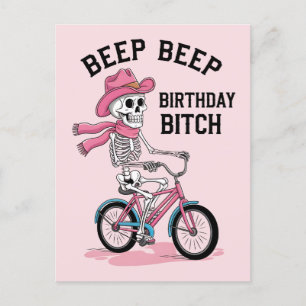 Beep Beep Birthday Funny Pink Skeleton Bike Postkarte