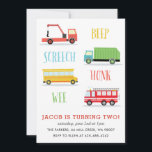 Beep Screech Wee Kids Geburtstagsfeier Einladung<br><div class="desc">Eine Geburtstagsfeier mit Schleppwagen,  Feuerwehrwagen,  Müllwagen und Schulbus.</div>