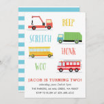 Beep Screech Woo Kids Geburtstagsparty Einladung<br><div class="desc">Eine Geburtstagsfeier mit Schleppwagen,  Feuerwehrwagen,  Müllwagen und Schulbus.</div>