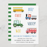 Beep Vroom Woo Tractor Kids Geburtstagsparty Einladung<br><div class="desc">Eine Geburtstagsfeier für Kinder mit Zug,  Feuerwehrwagen,  Traktor und Schulbus.</div>
