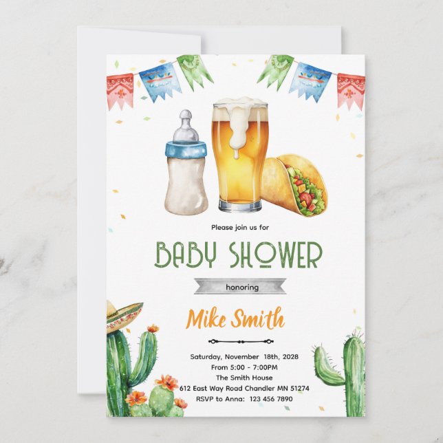 Beer and Tacos Baby Shower Invitation Einladung (Vorderseite)