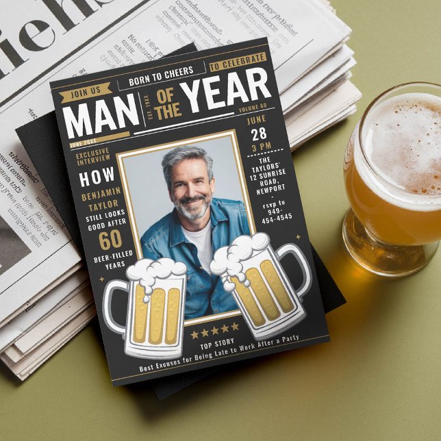 Beer Magazine Cover Funny Men Adult Birthday Foto Einladung (men birthday party invitation beer themed magazine cover funny photo template black gold photo 40 50)