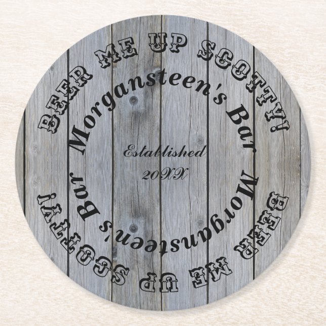 Beer mich auf Scotty! Holzaussehen Bar oder Name d Runder Pappuntersetzer (Vorderseite)